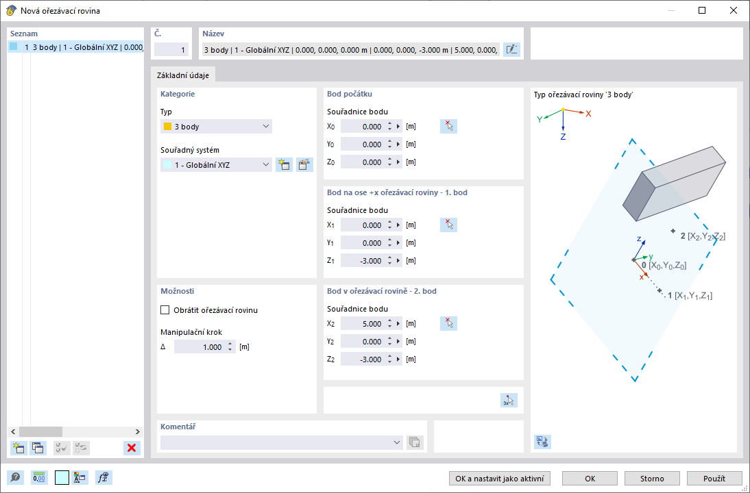 Dialog ' Nová ořezávací rovina '