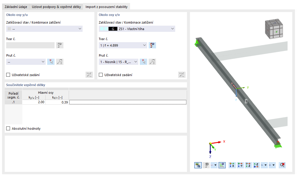 Dialog "Nové vzpěrné délky", Import vzpěrné délky z posouzení stability