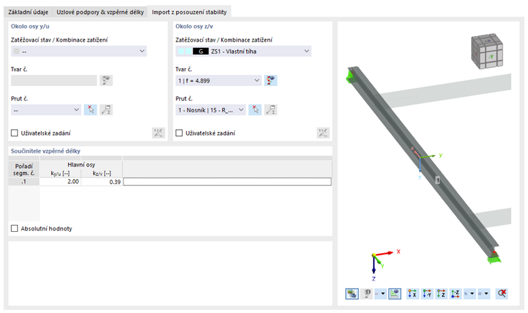 Dialog "Nové vzpěrné délky", Import vzpěrné délky z posouzení stability