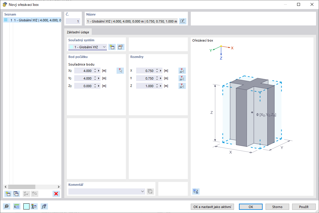 Dialog ' Nový ořezávací box '