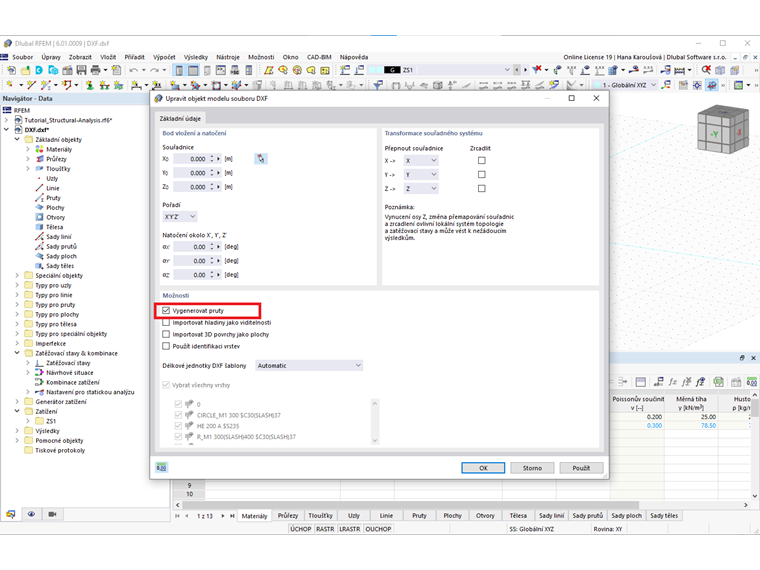 FAQ 005141 | Je možné při importu DXF souboru do programu RFEM vytvořit také pruty?