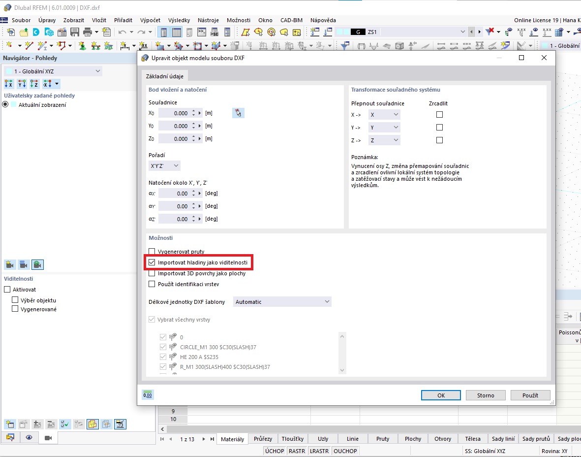 FAQ 005142 | Je možné importovat hladiny jako viditelnost?