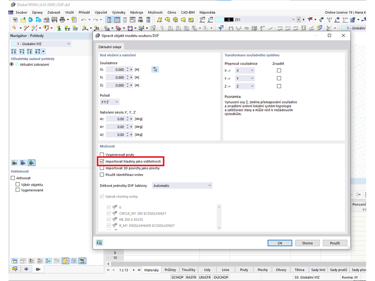 FAQ 005142 | Je možné importovat hladiny jako viditelnost?