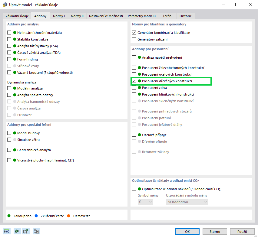 Ilustrace procesu aktivace addonu pro navrhování dřevěných konstrukcí v software pro statické výpočty.