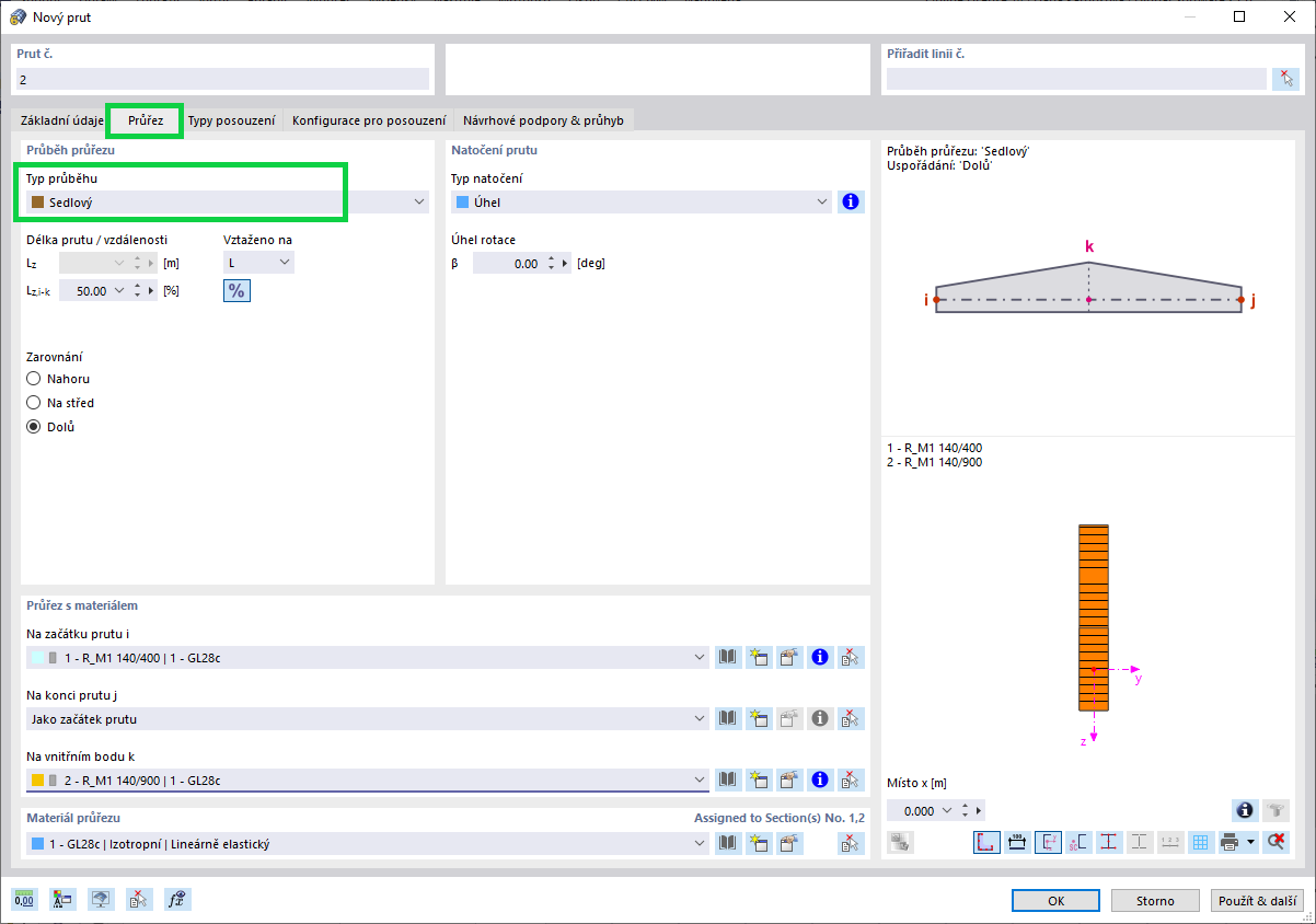 Příklad navrhování dřevěných konstrukcí s analýzou prutů s náběhem a zakřivením s informacemi o vlastnostech průřezu.