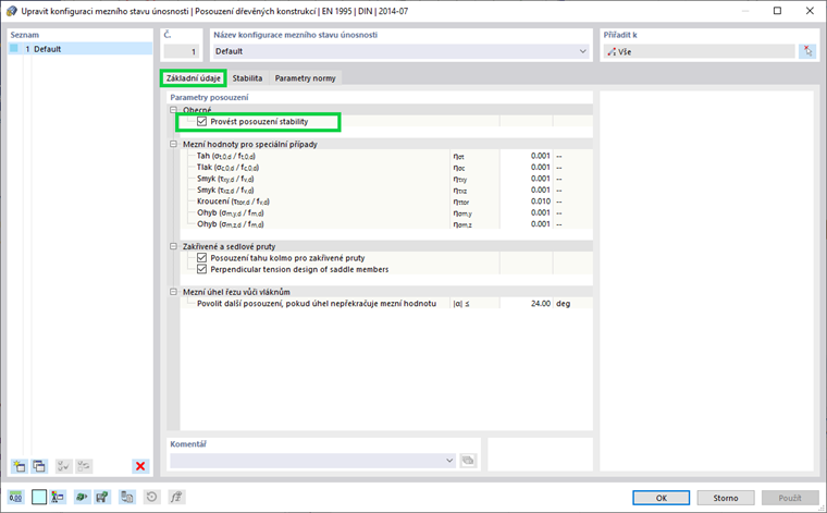 Konfigurace návrhu dřevěných konstrukcí s parametry pro zúžené a zakřivené pruty. Zahrnuje podrobnosti analýzy konstrukce a modelovací prvky.