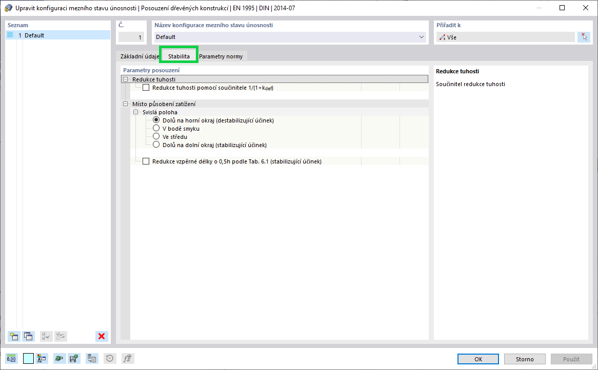 Záložka Stabilita obsahuje základní parametry pro návrh zúžených a zakřivených dřevěných prutů. Slouží pro statické výpočty.