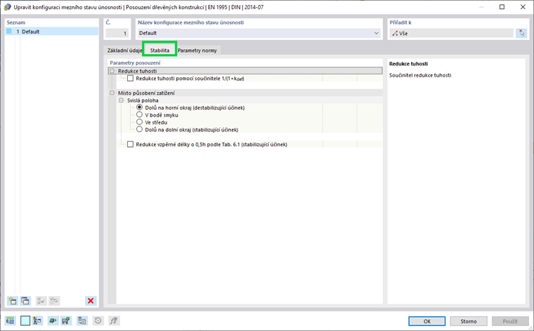 Záložka Stabilita obsahuje základní parametry pro návrh zúžených a zakřivených dřevěných prutů. Slouží pro statické výpočty.