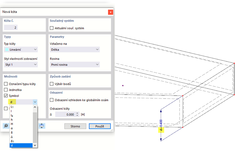 Použití kóty se symbolem