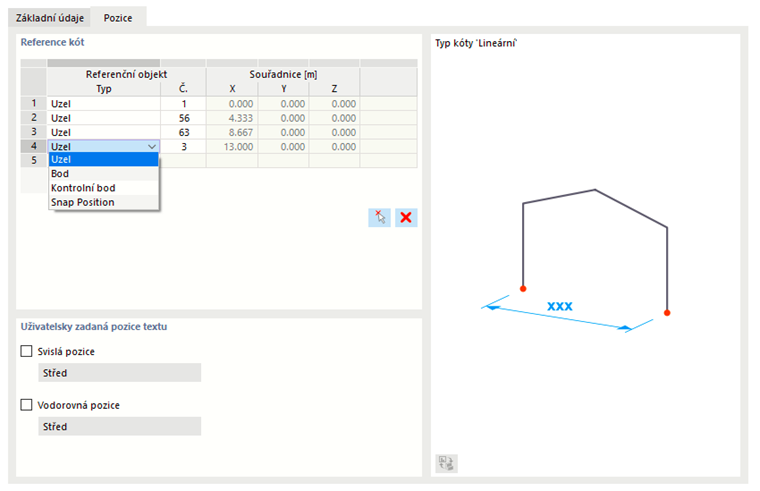 Zadání referenčních objektů lineární kóty