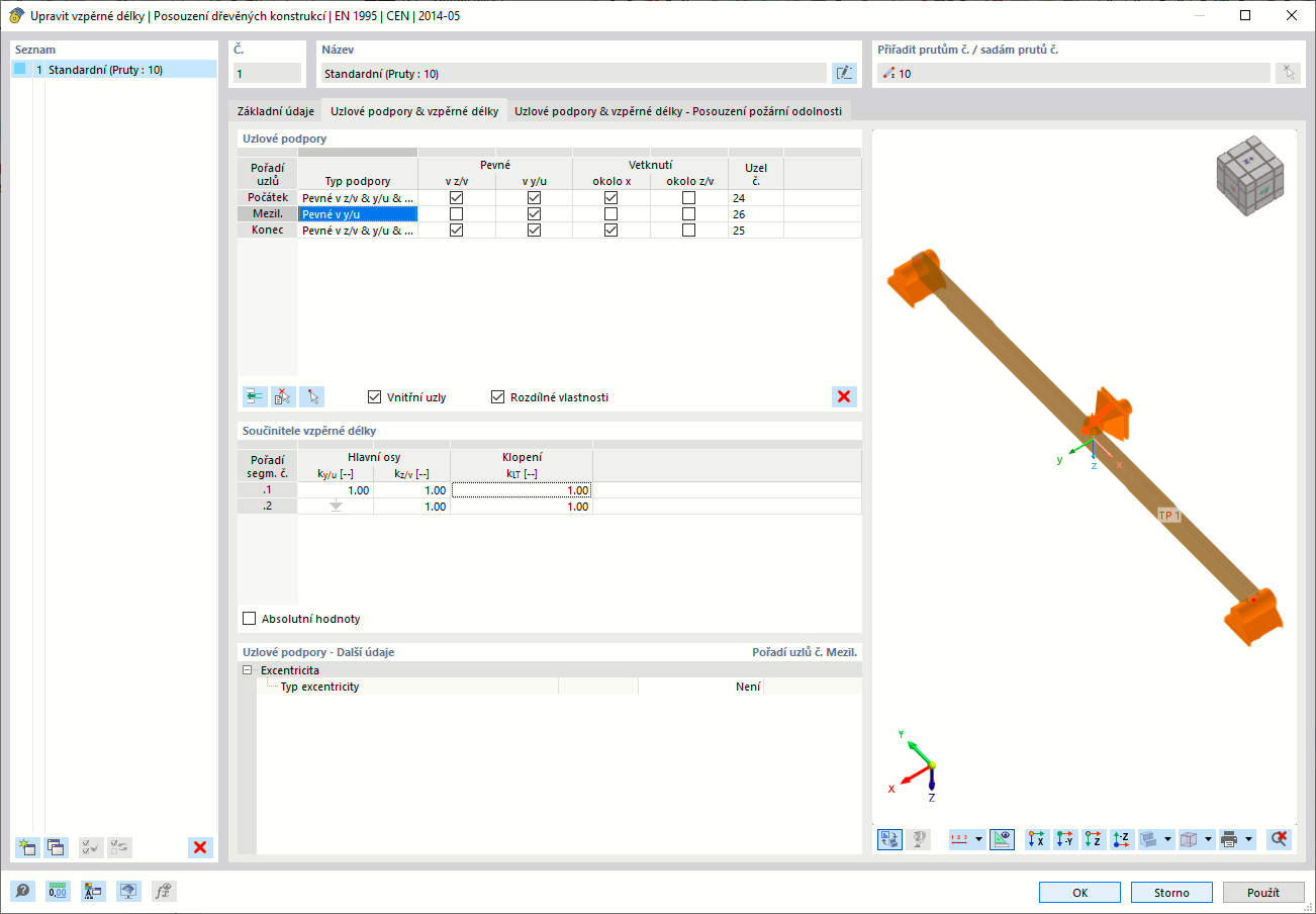 Zadání uzlových podpor a vzpěrných délek