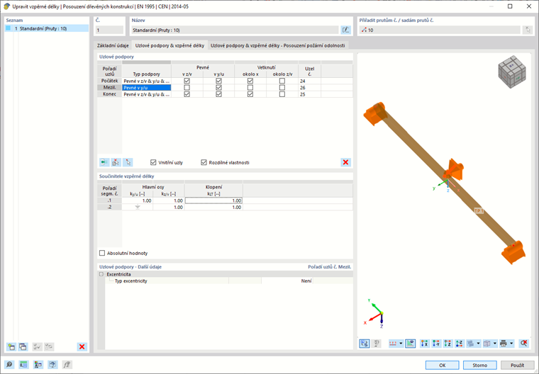 Zadání uzlových podpor a vzpěrných délek