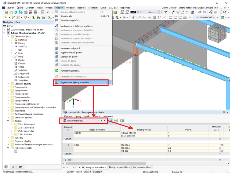 FAQ 005145 | Jak lze v programech RFEM 6 a RSTAB 9 generovat výkazy materiálu?