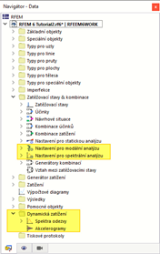 Položky pro addony pro dynamickou analýzu v navigátoru