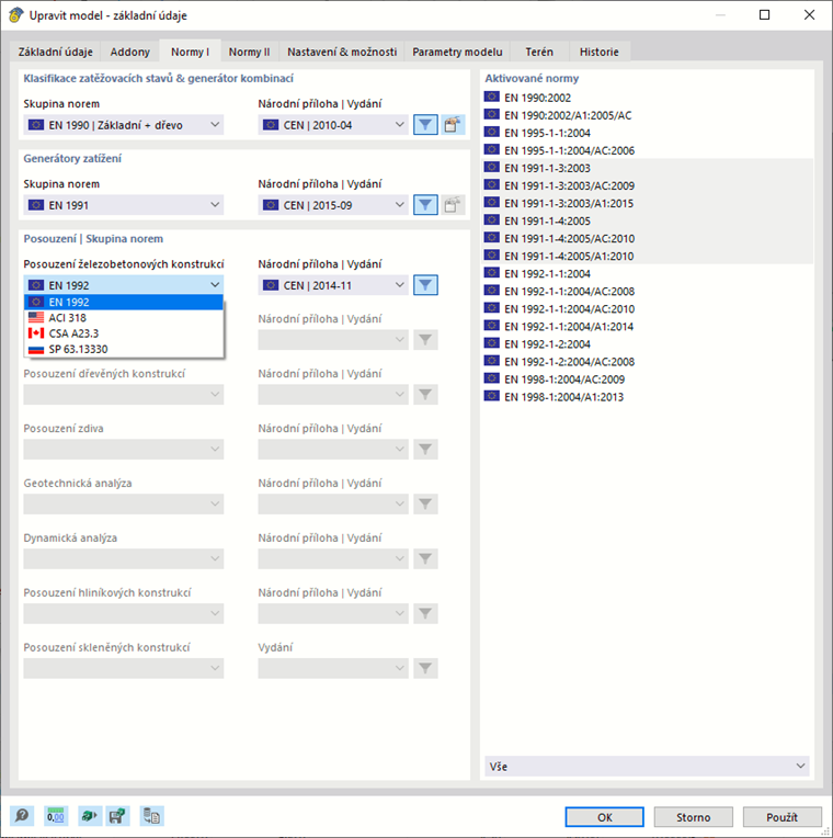 Vybrat normu pro posouzení betonu