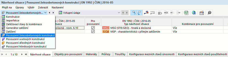 Kategorie 'Posouzení betonu' v tabulce
