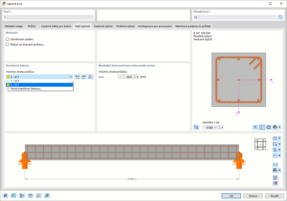 V dialogu lze prutu přiřadit typ trvanlivosti betonu