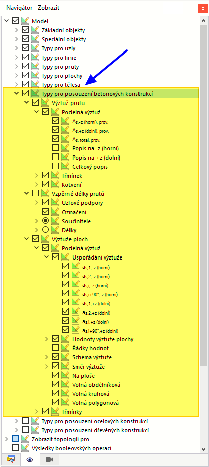 Možnosti zobrazení pro typy pro posouzení betonu