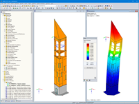Model věže (vlevo) a první vlastní tvar (vpravo) v programu RFEM (© ingwh)