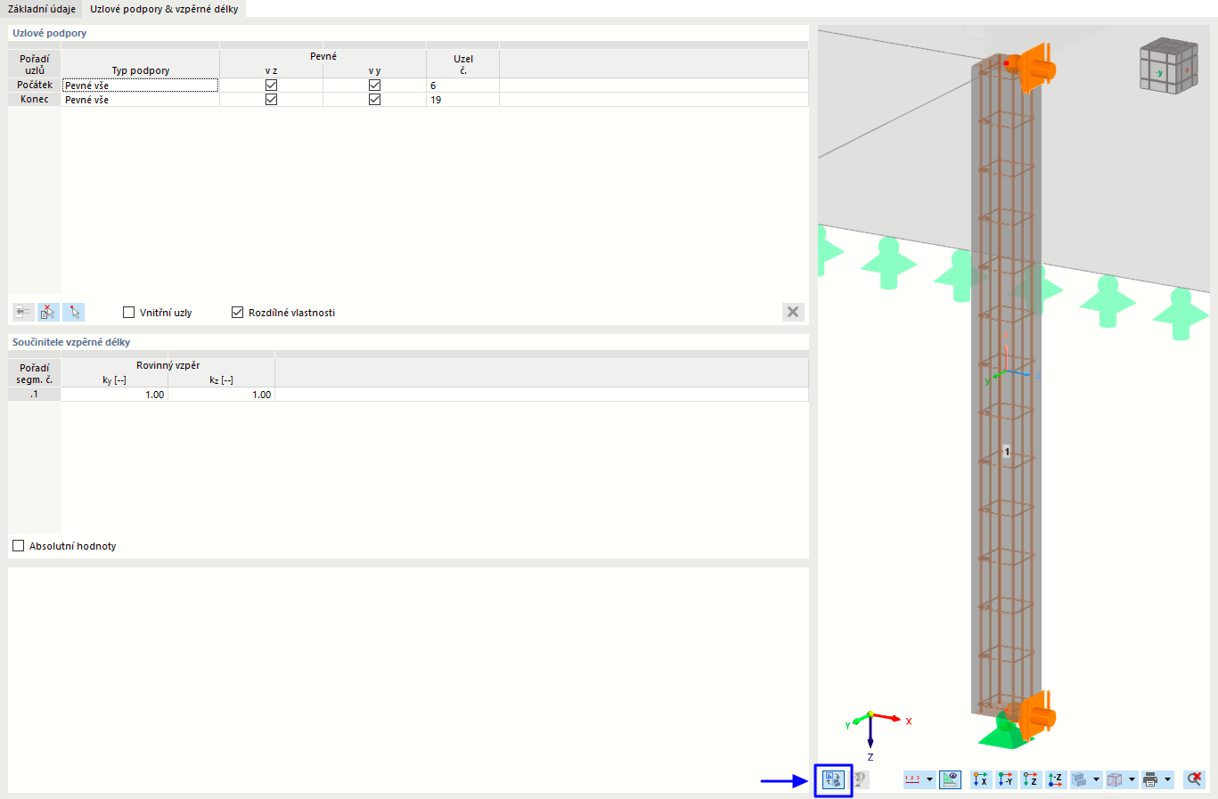 Zadání uzlových podpor a vzpěrných délek