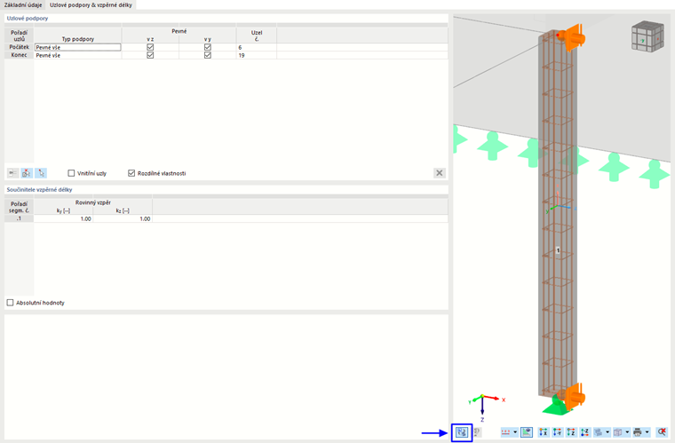 Zadání uzlových podpor a vzpěrných délek