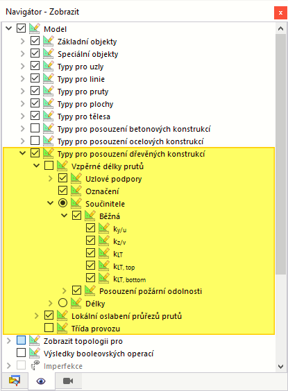 Možnosti zobrazení typů pro posouzení dřevěných konstrukcí v navigátoru Zobrazit