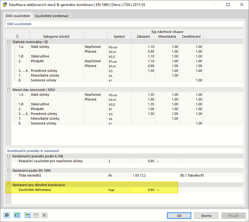 Parametry pro 'Klasifikaci zatěžovacích stavů a generátor kombinací' - součinitel dotvarování