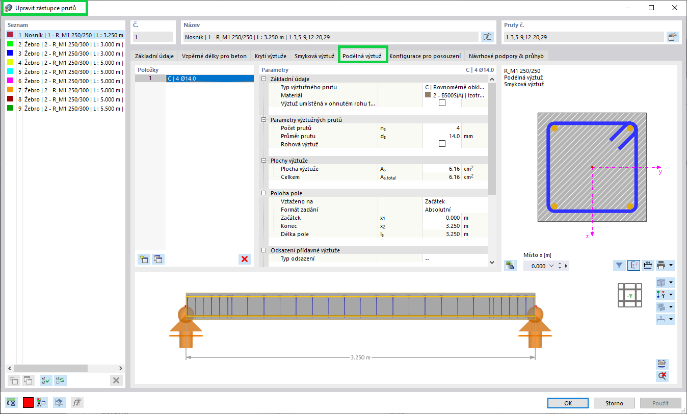 Přiřazení podélné výztuže