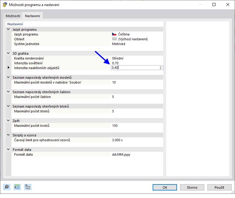 Úprava intenzity zobrazení neaktivních objektů