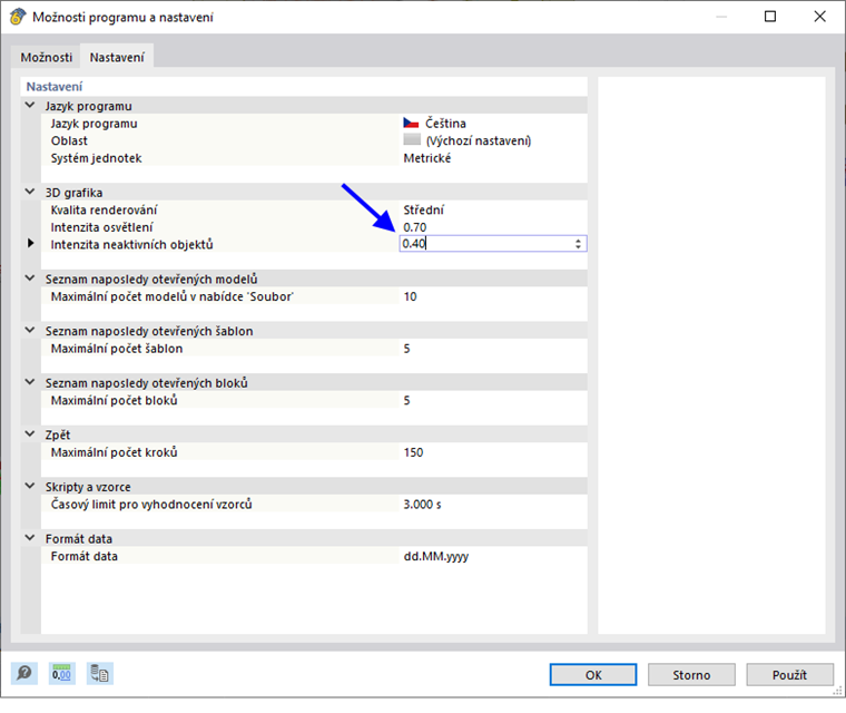 Úprava intenzity zobrazení neaktivních objektů