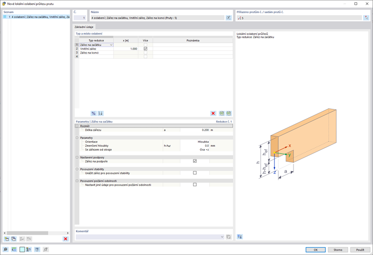 V dialogovém okně se zobrazí možnost definovat redukce průřezů prutů pro zohlednění vrubu prutu při navrhování dřevěných konstrukcí.