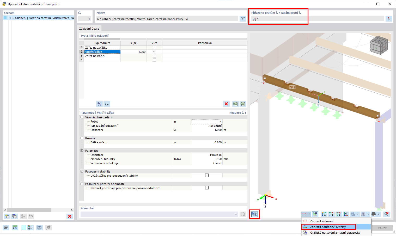 Dynamické zobrazení lokálních os prutu