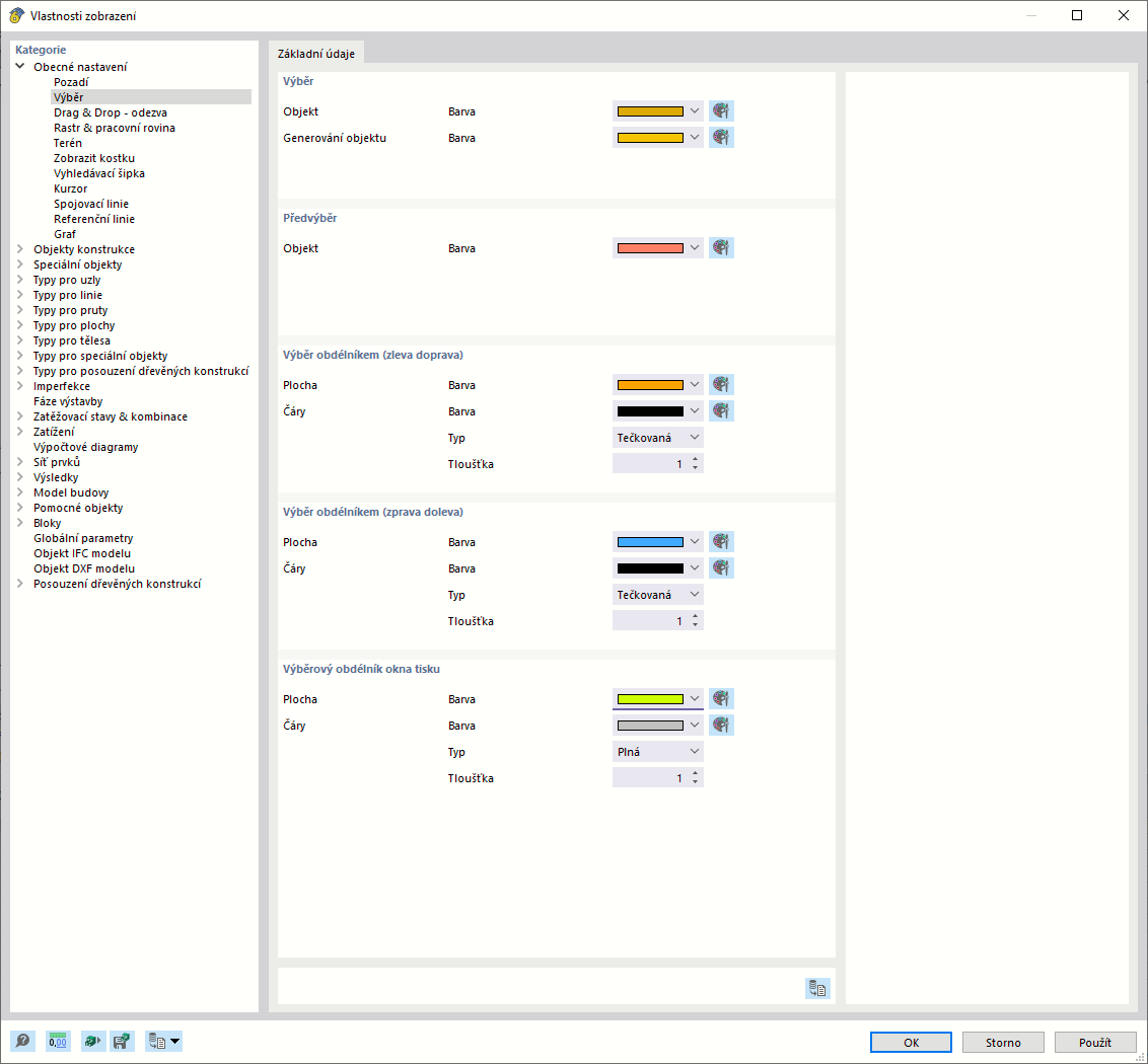 Nastavení barev pro výběr