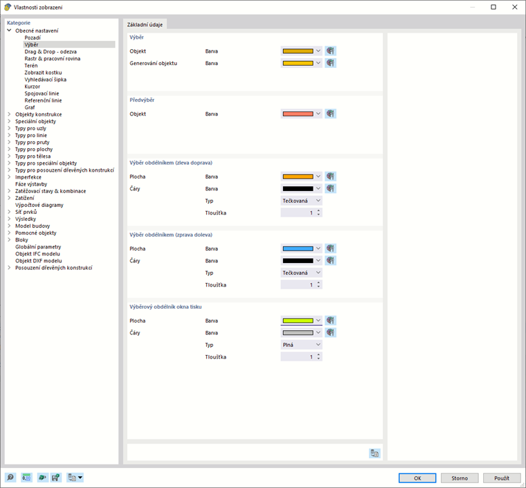 Nastavení barev pro výběr