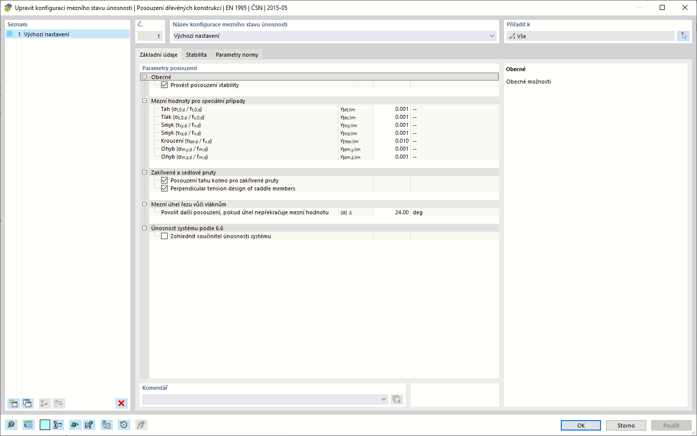 Dialog "Upravit konfiguraci mezního stavu únosnosti" pro posouzení dřevěných konstrukcí