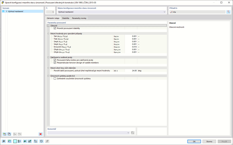 Dialog "Upravit konfiguraci mezního stavu únosnosti" pro posouzení dřevěných konstrukcí