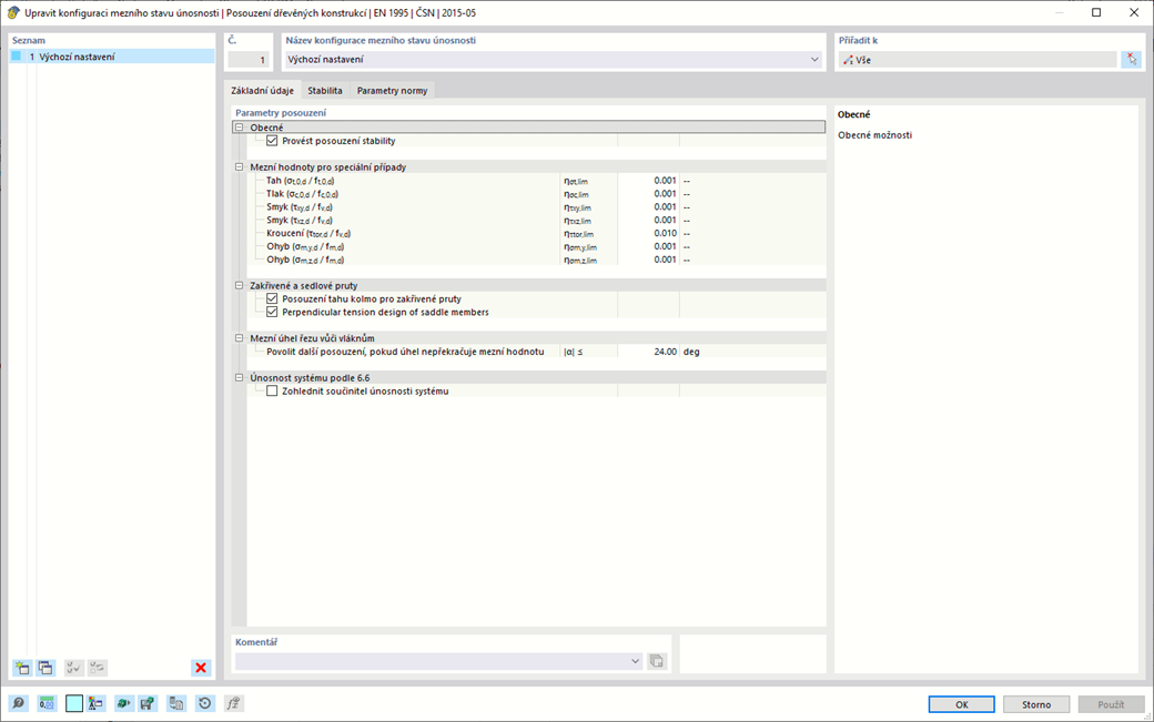 Dialog "Upravit konfiguraci mezního stavu únosnosti" pro posouzení dřevěných konstrukcí