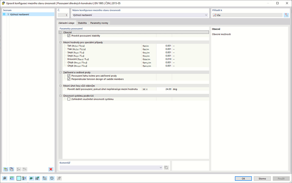 Dialog "Upravit konfiguraci mezního stavu únosnosti" pro posouzení dřevěných konstrukcí