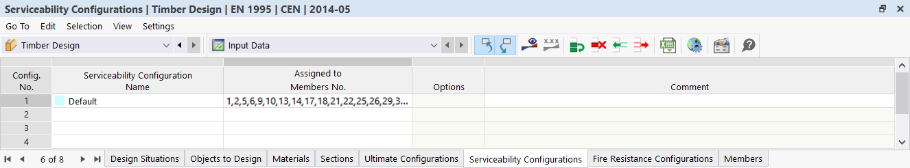Vstupní tabulka pro mezní stavy použitelnosti pro posouzení dřevěných konstrukcí