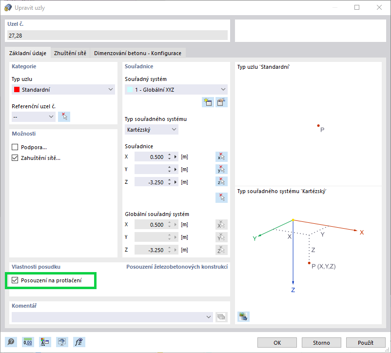Zaškrtávací políčko pro posouzení na protlačení