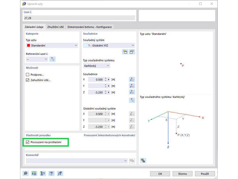 Zaškrtávací políčko pro posouzení na protlačení