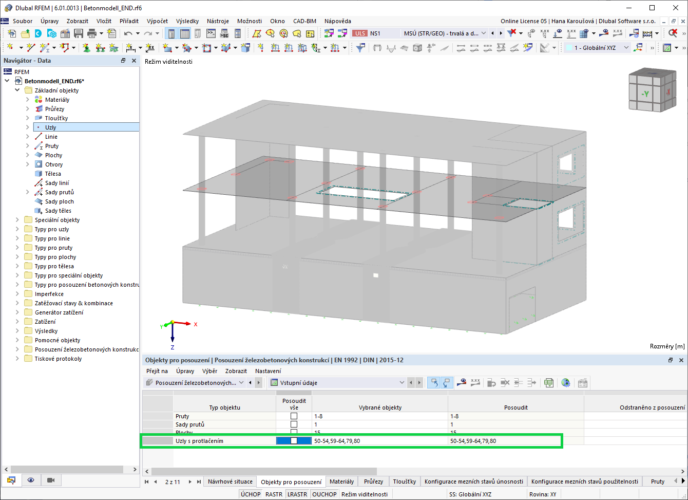 Výběr uzlů protlačení pomocí tabulky