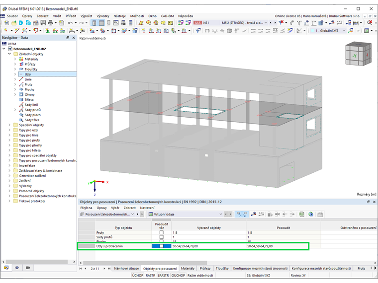 Výběr uzlů protlačení pomocí tabulky
