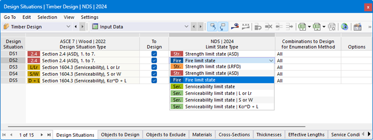 Přiřadit typ návrhové situace pro dimenzování dřeva v případě požáru
