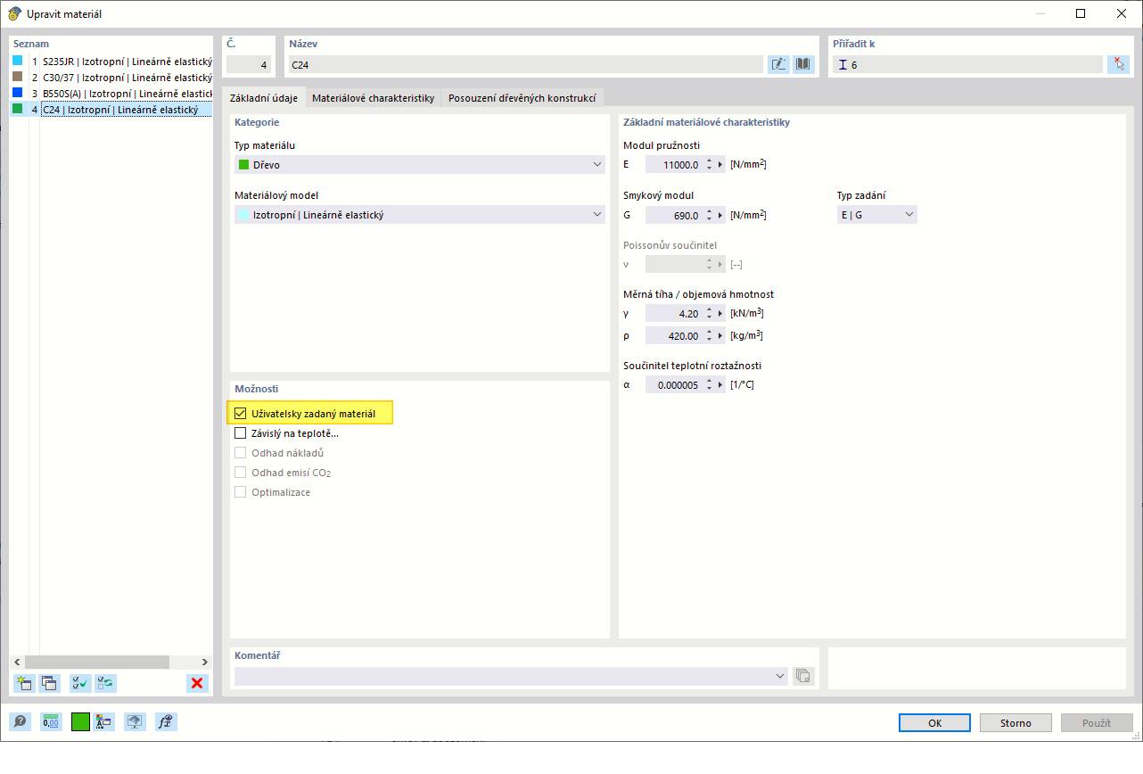 Dialog Upravit materiál | Uživatelsky zadaný materiál