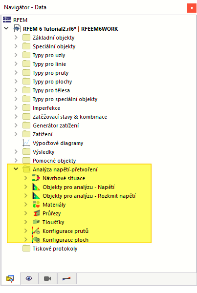 Kategorie „Analýza napětí-přetvoření“ v aplikaci Navigator - Data