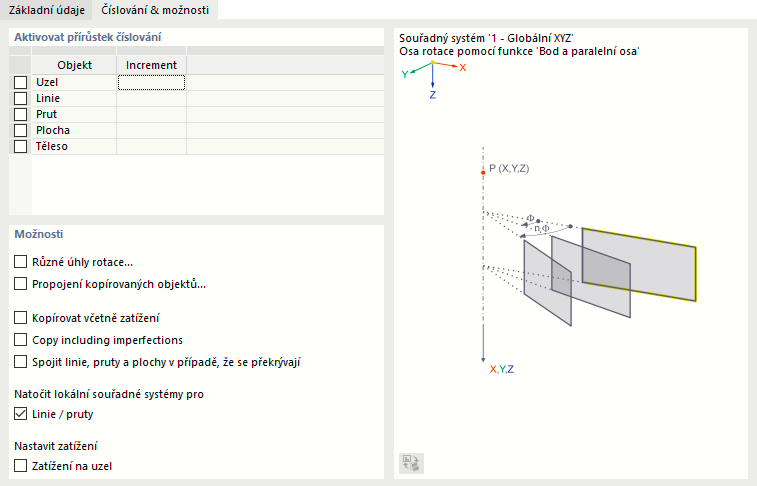 Definice natočení souřadných systémů a zatížení