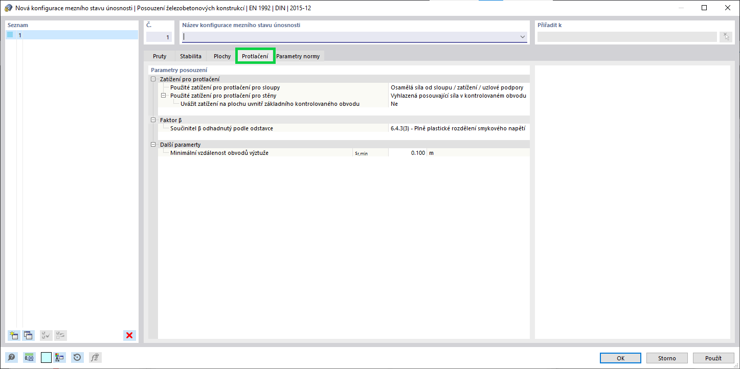 Parametry posouzení na protlačení