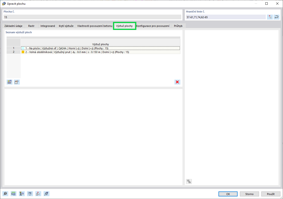 Navržená výztuž plochy pro první posouzení smykové únosnosti