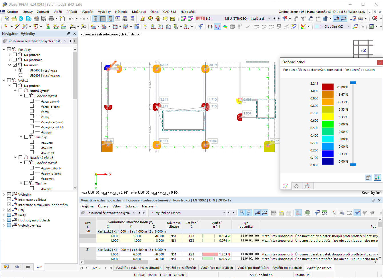 Smyková únosnost při protlačení na základě navržené podélné výztuže